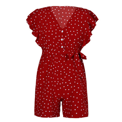 Polka Dot Lace-up Jumpsuit Lotus Sleeve Single-breasted Drawstring Rompers
