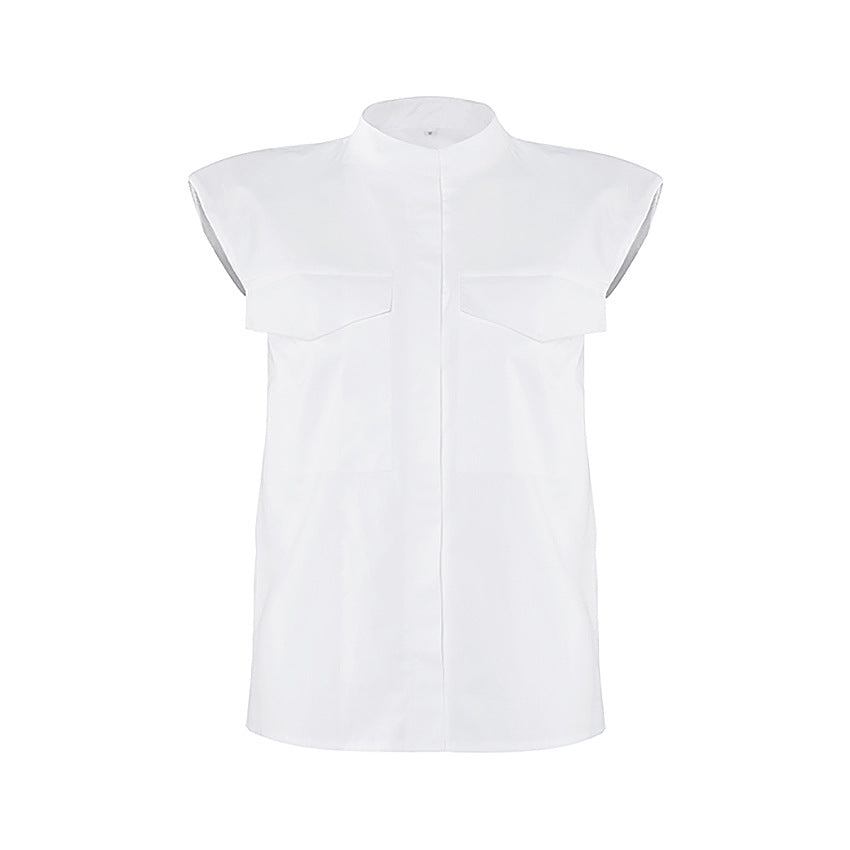 Shoulder Padded Single-breasted Shirt Pocket Tops
