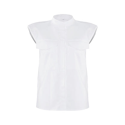 Shoulder Padded Single-breasted Shirt Pocket Tops
