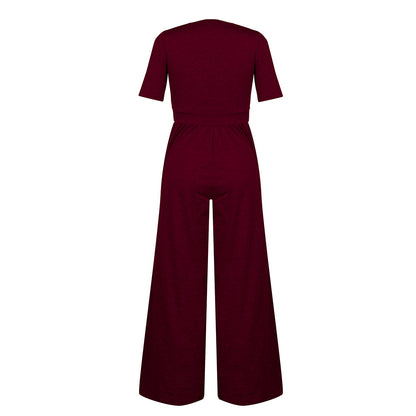 U-neck Short-sleeved Loungewear Wide-legged Jumpsuits
