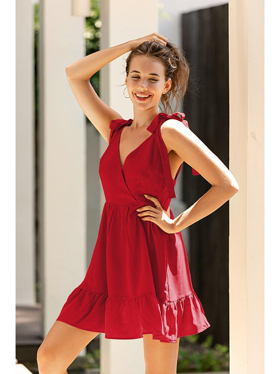 Backless Suspenders Lace-up Ruffled Flounces Mini Dress