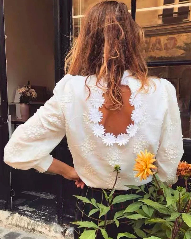 Embroidered Daisy Design Back Hollow Bubble Sleeve Stand Collar Shirt  