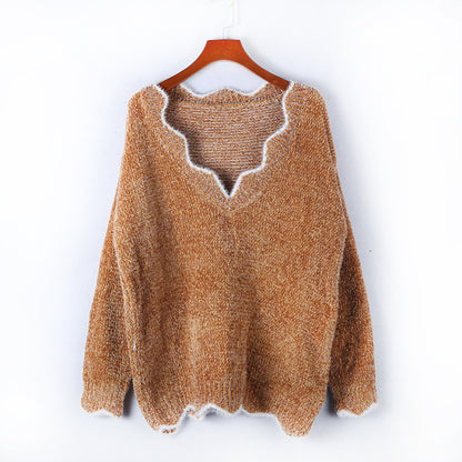 V-neck Ruffle Collar Knit Sweaters