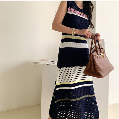 Knit Hollow-out Round Neck Sweater Midi Dresses