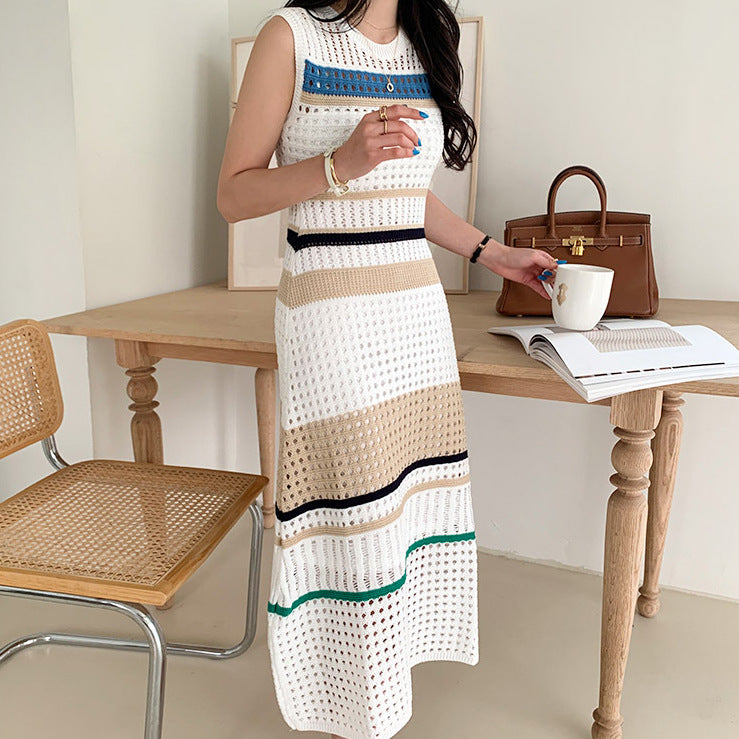Knit Hollow-out Round Neck Sweater Midi Dresses