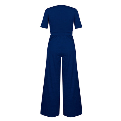 U-neck Short-sleeved Loungewear Wide-legged Jumpsuits