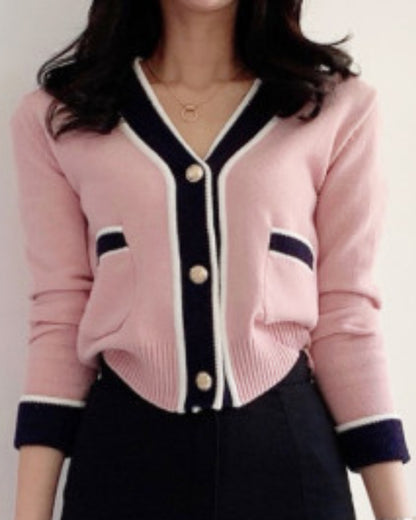 Single-breasted Contrast Knit Splicing Golden Button Sweaters
