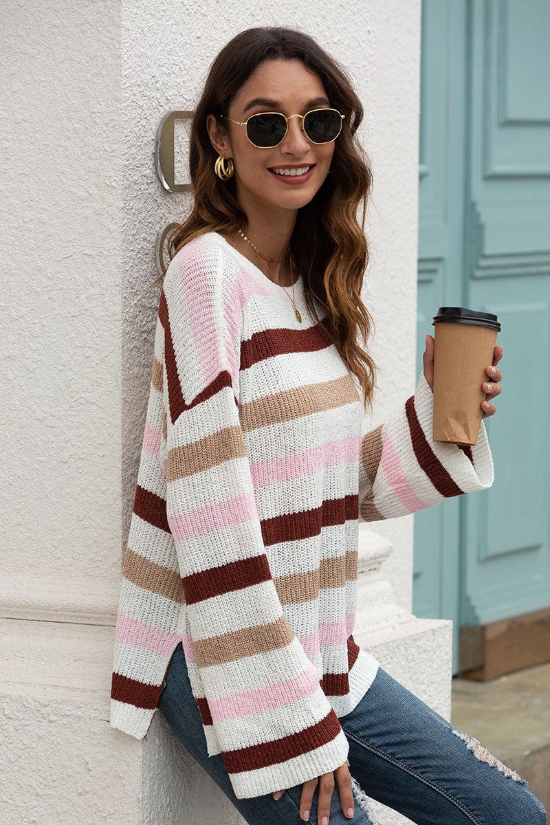 Flared Sleeve Contrast Striped Knitted Sweater Blue