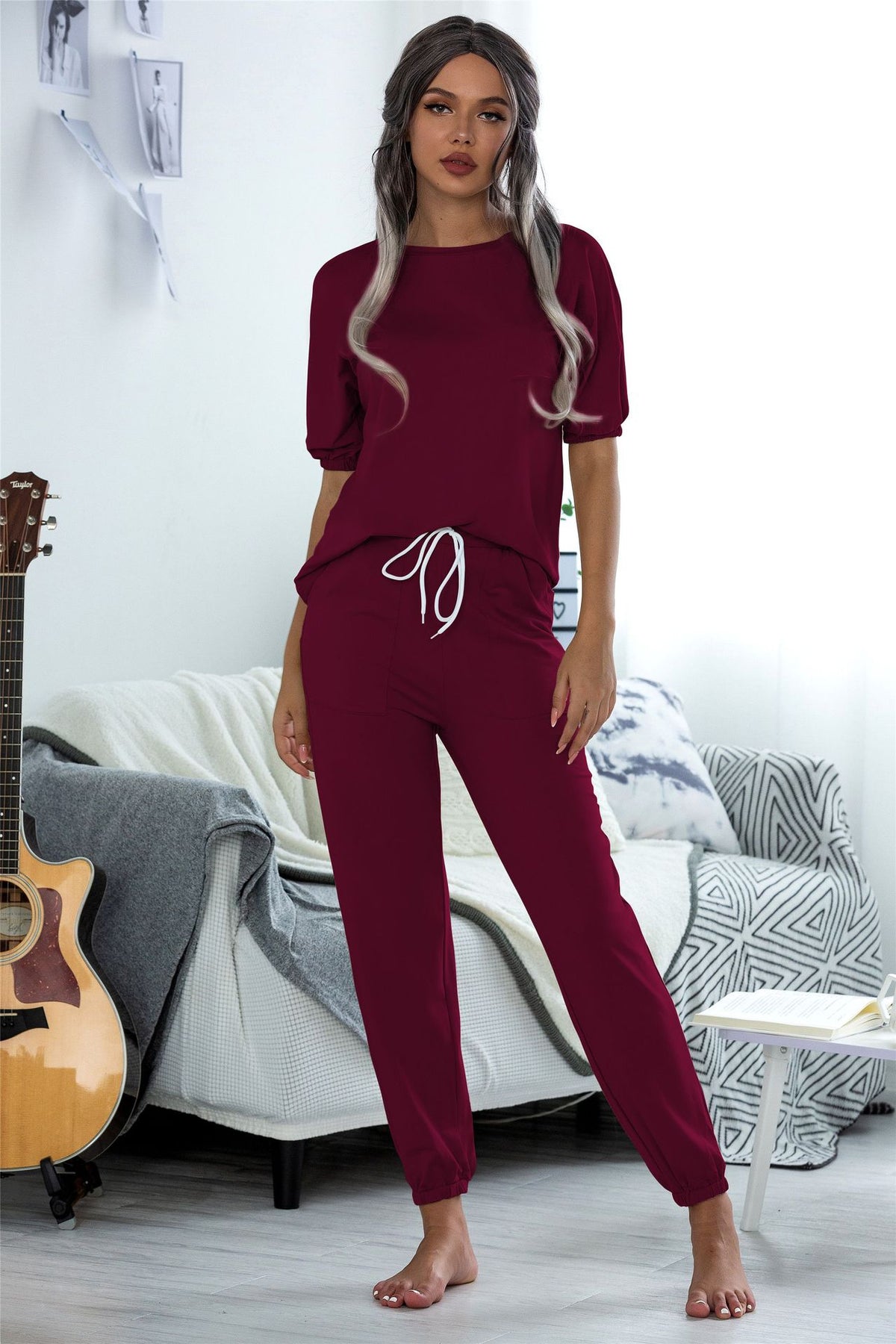 Casual Puff Bubble Sleeves Lace-up Loungewear Two-piece Set