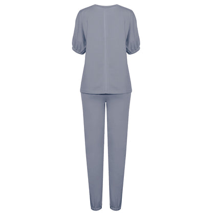 Casual Puff Bubble Sleeves Lace-up Loungewear Two-piece Set