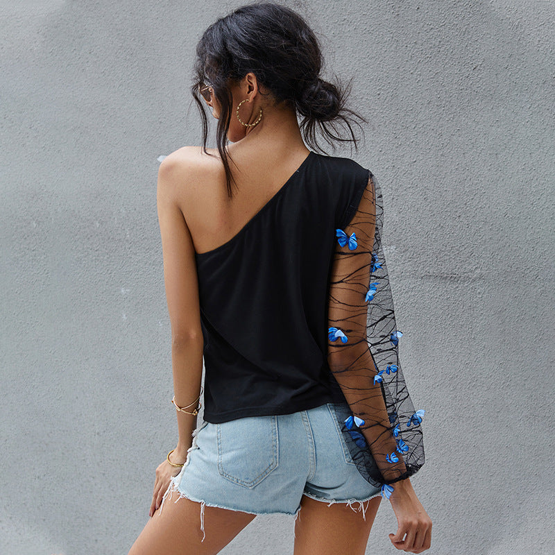 One Shoulder Backless Lace Sleeve Butterfly Blouse Tops