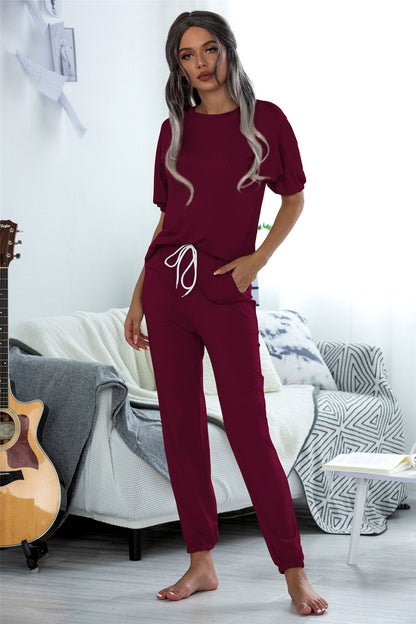 Casual Puff Bubble Sleeves Lace-up Loungewear Two-piece Set