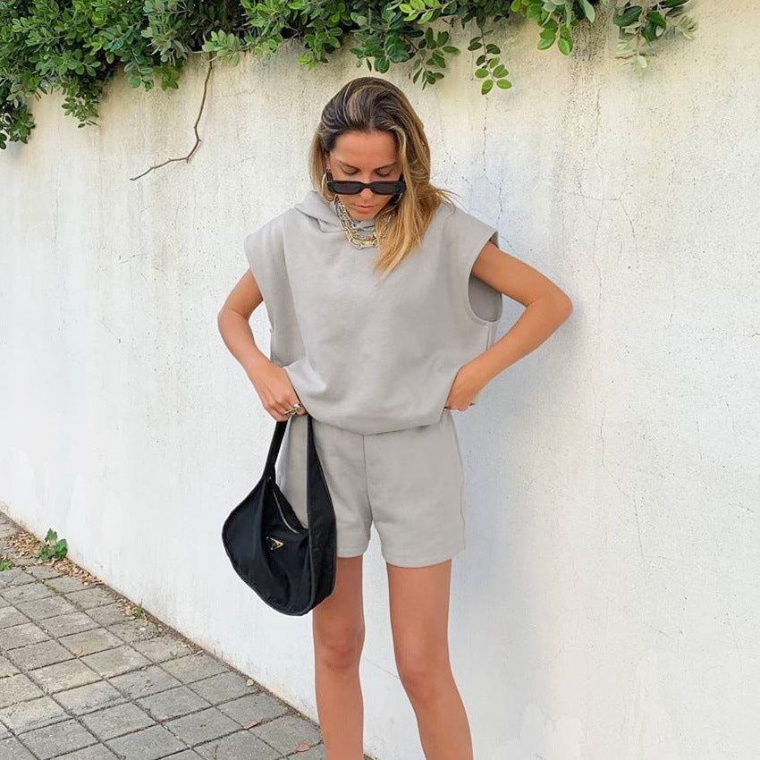 Gray Hooded Sleeveless Casual Loungewear Two-piece Set