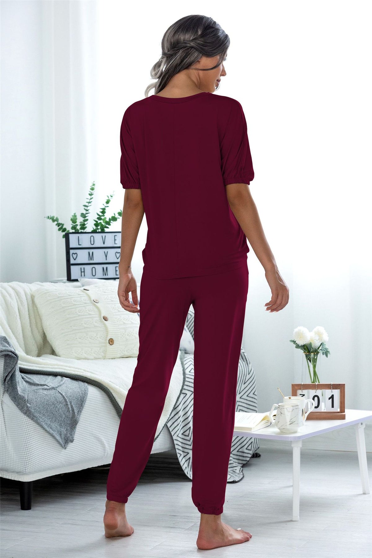Casual Puff Bubble Sleeves Lace-up Loungewear Two-piece Set