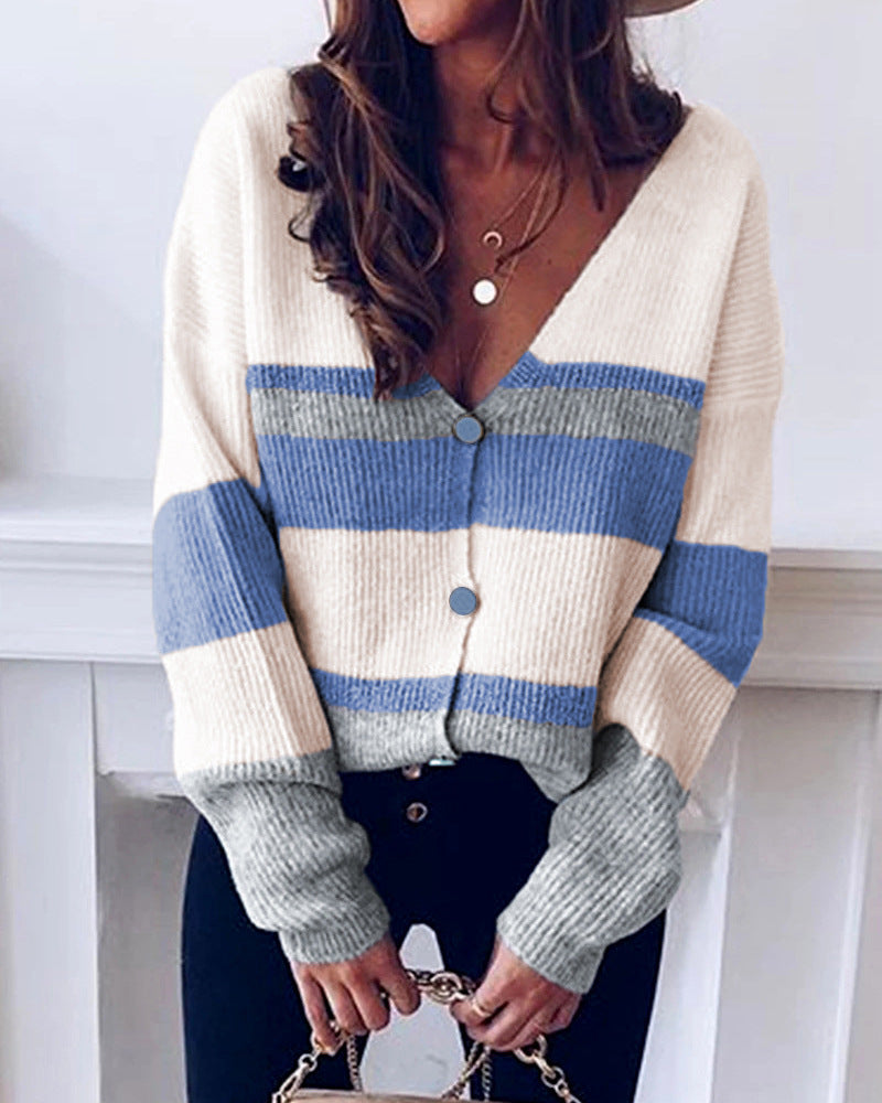 Single-breasted V-neck Striped Sweater Knitted Cardigans