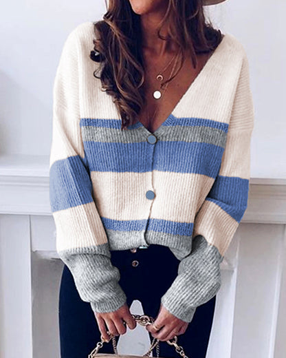 Single-breasted V-neck Striped Sweater Knitted Cardigans