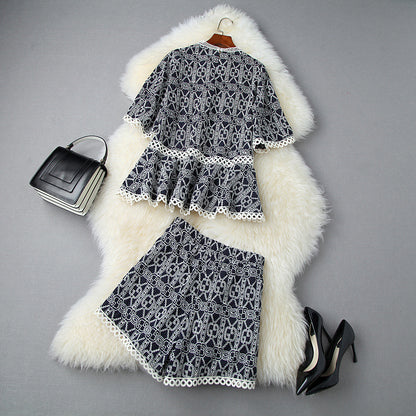 Flared Sleeve Hollow Out Embroidery Tops Shorts Two-piece Set