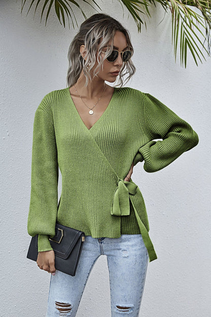 Lantern Sleeve Bow Tie V-neck Knit Sweaters Cardigans