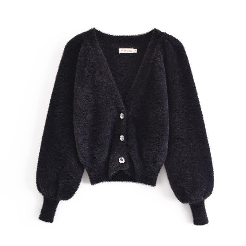 White Mohair V-neck Single-breasted Knitting Coat Jacket Halter Short Vest Shorts Hot Pants Three-piece Set