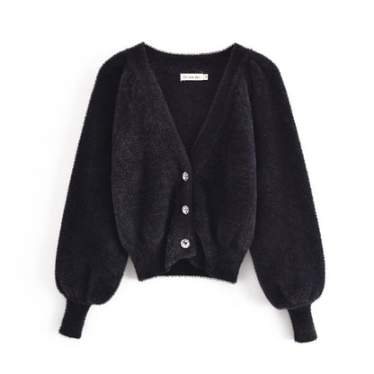 White Mohair V-neck Single-breasted Knitting Coat Jacket Halter Short Vest Shorts Hot Pants Three-piece Set