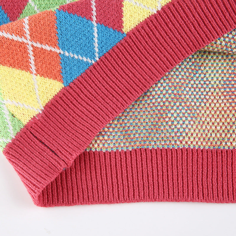 Multicolor V-neck Knitting Lattice Vest Sweater
