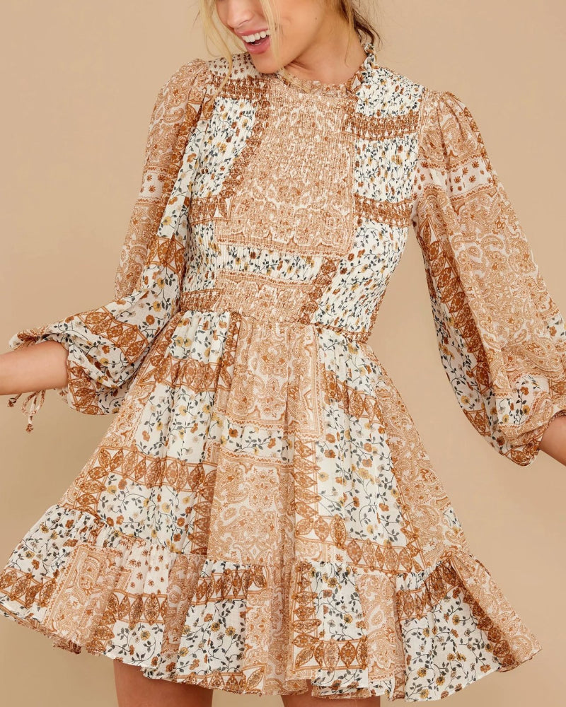 Boho Shirred Frill Floral Vacation Skater Mini Dresses