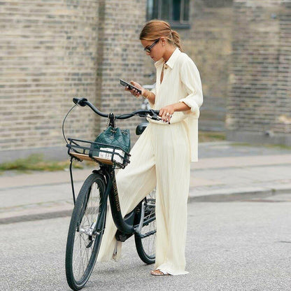 Beige Lapel Pleated Shirt Loose Pants Long Sleeve Two-piece Set