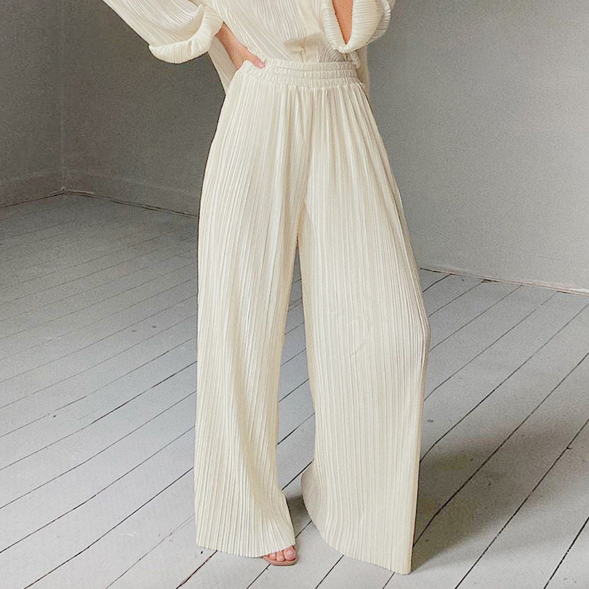 Beige Lapel Pleated Shirt Loose Pants Long Sleeve Two-piece Set