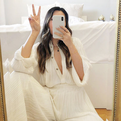 Beige Lapel Pleated Shirt Loose Pants Long Sleeve Two-piece Set