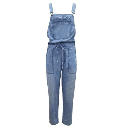 Loose Denim Pockets Strap Elastic Waist Overalls Jumpsuits