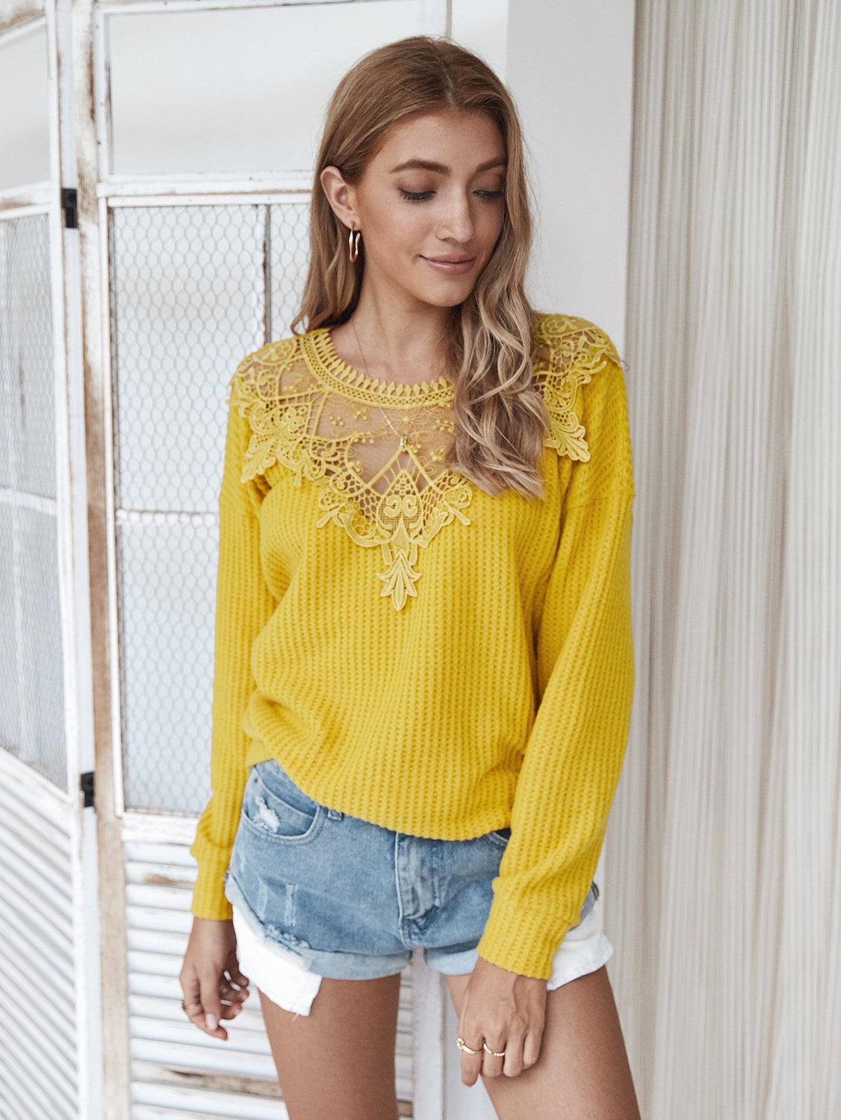 Lace Net Yarn Hollow Out Knit Sweater Tops