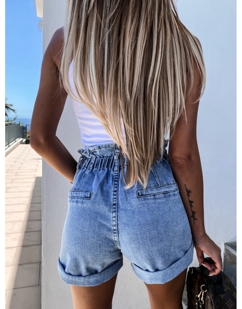 High-waist Button Curled Denim Shorts Jeans Hot Pants