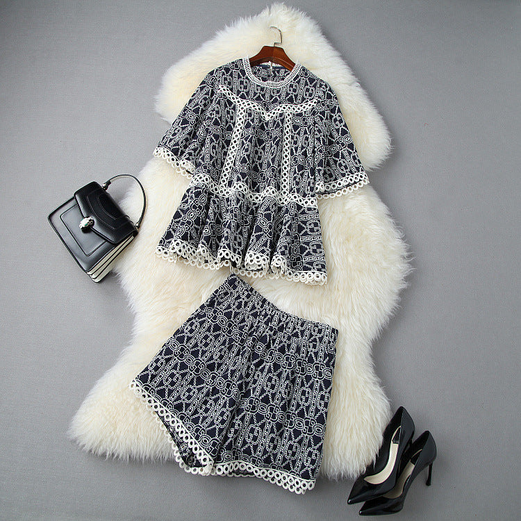 Flared Sleeve Hollow Out Embroidery Tops Shorts Two-piece Set