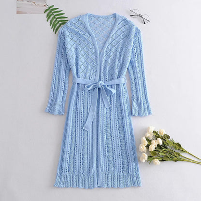 Ruffles Neck Hollow Out Lace-up Knitting Cardigans