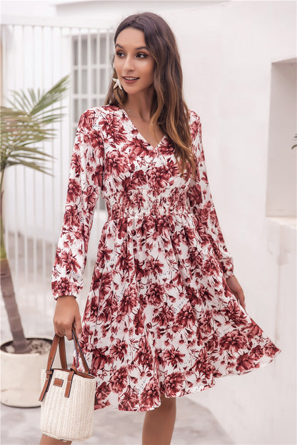 Floral V-neck Bubble Elastic Waist Long Sleeves Mini Midi Dresses