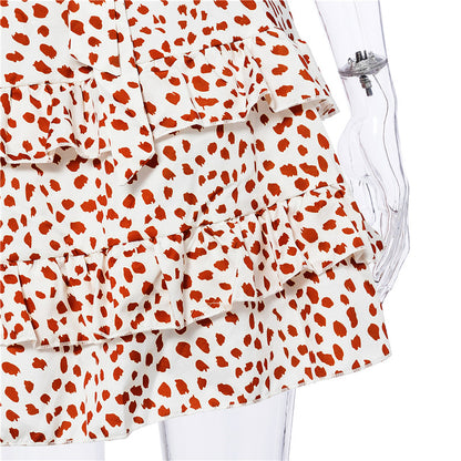 One-shoulder Leopard Flounces Ruffled Lace-up Mini Dresses