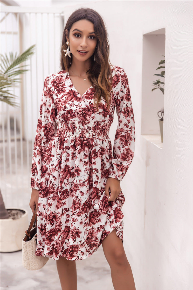 Floral V-neck Bubble Elastic Waist Long Sleeves Mini Midi Dresses