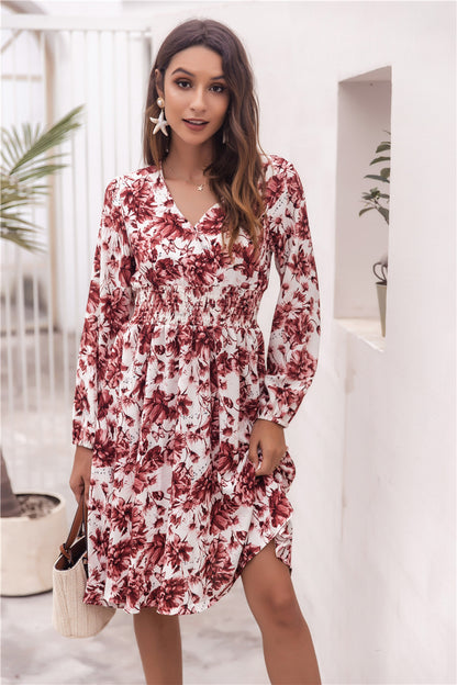 Floral V-neck Bubble Elastic Waist Long Sleeves Mini Midi Dresses