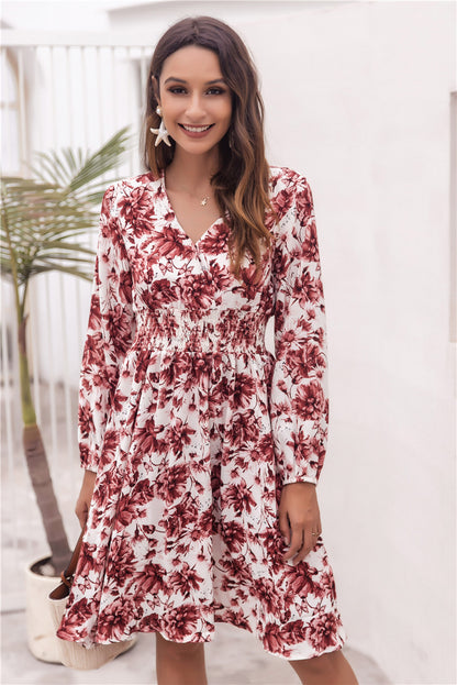 Floral V-neck Bubble Elastic Waist Long Sleeves Mini Midi Dresses