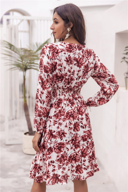 Floral V-neck Bubble Elastic Waist Long Sleeves Mini Midi Dresses