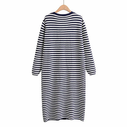 Striped Single-breasted Long Knit Cardigan Jacket