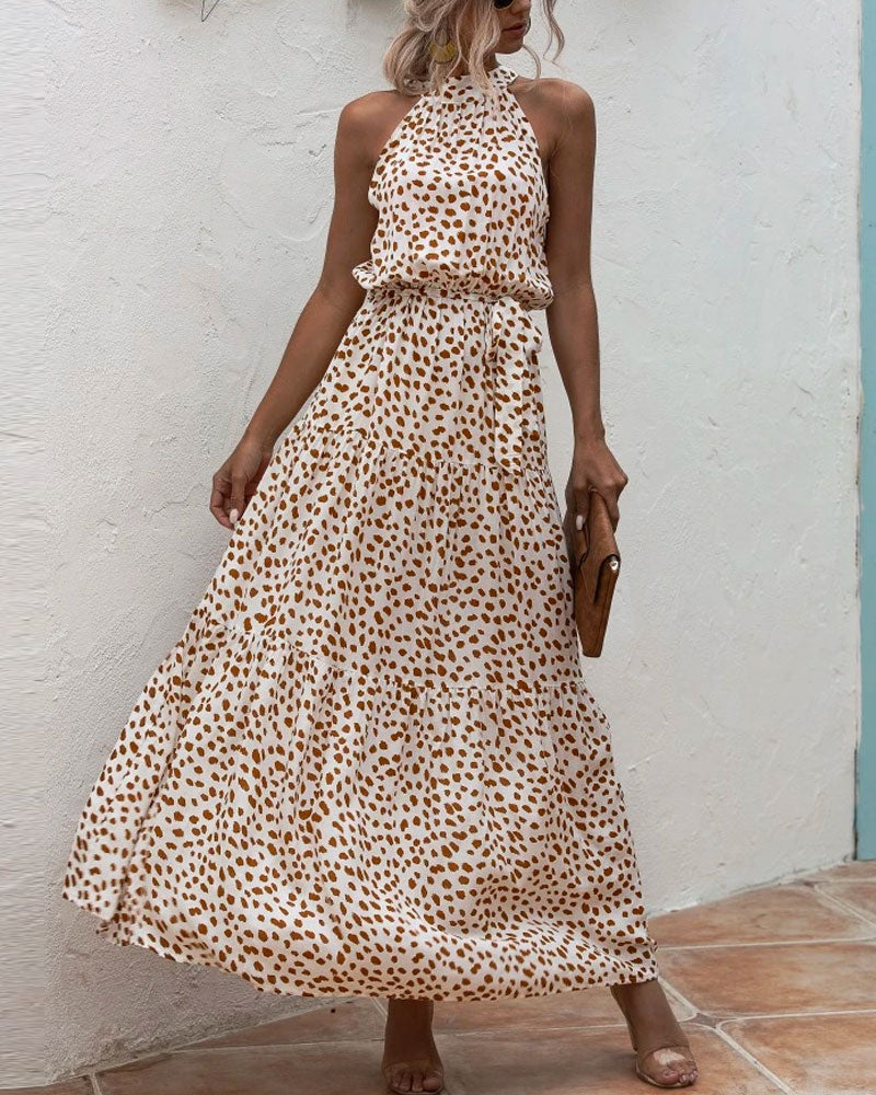 Beige Bohemian Boho Printed Hanging Neck Straps Maxi Dresses