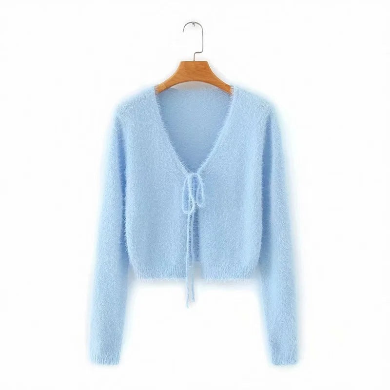Lace-up V-neck Knitting Sweaters Crop Tops Cardigans