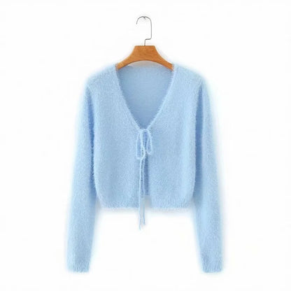 Lace-up V-neck Knitting Sweaters Crop Tops Cardigans