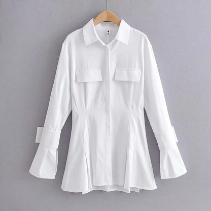 Pile Collar Single-breasted Shirred Frill Shirts Mini Dresses