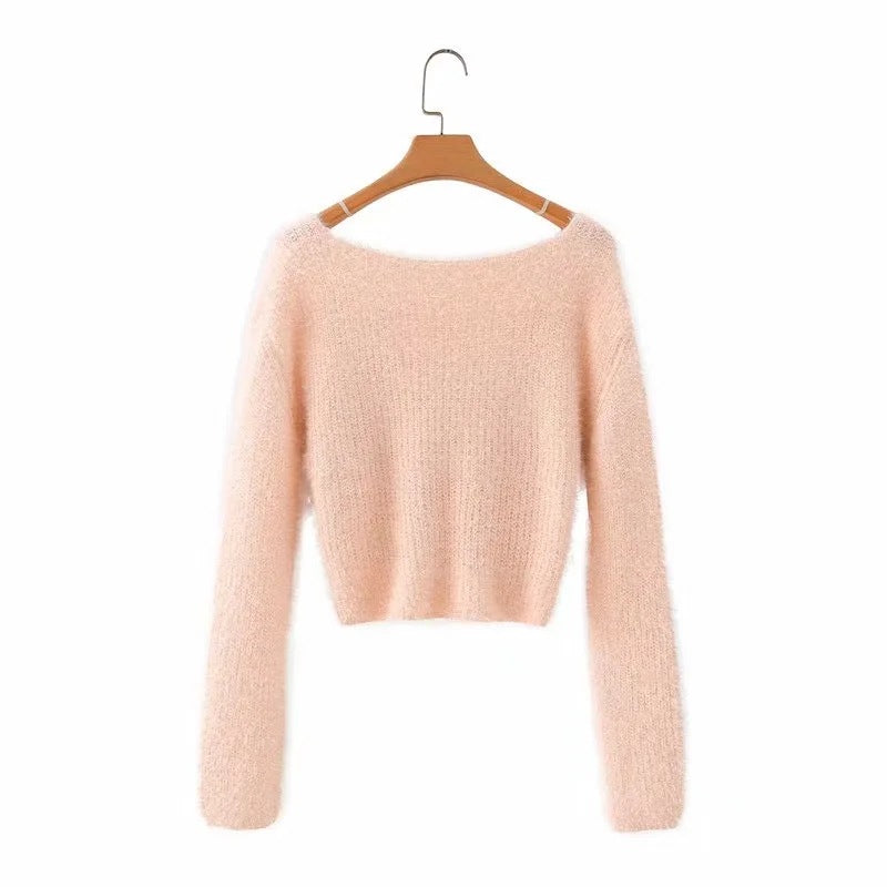White Cross Collar Short Knit Sweater