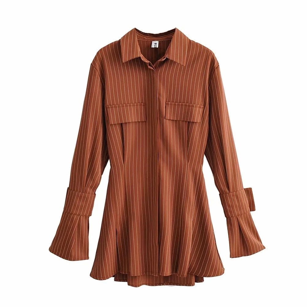 Pile Collar Single-breasted Shirred Frill Shirts Mini Dresses