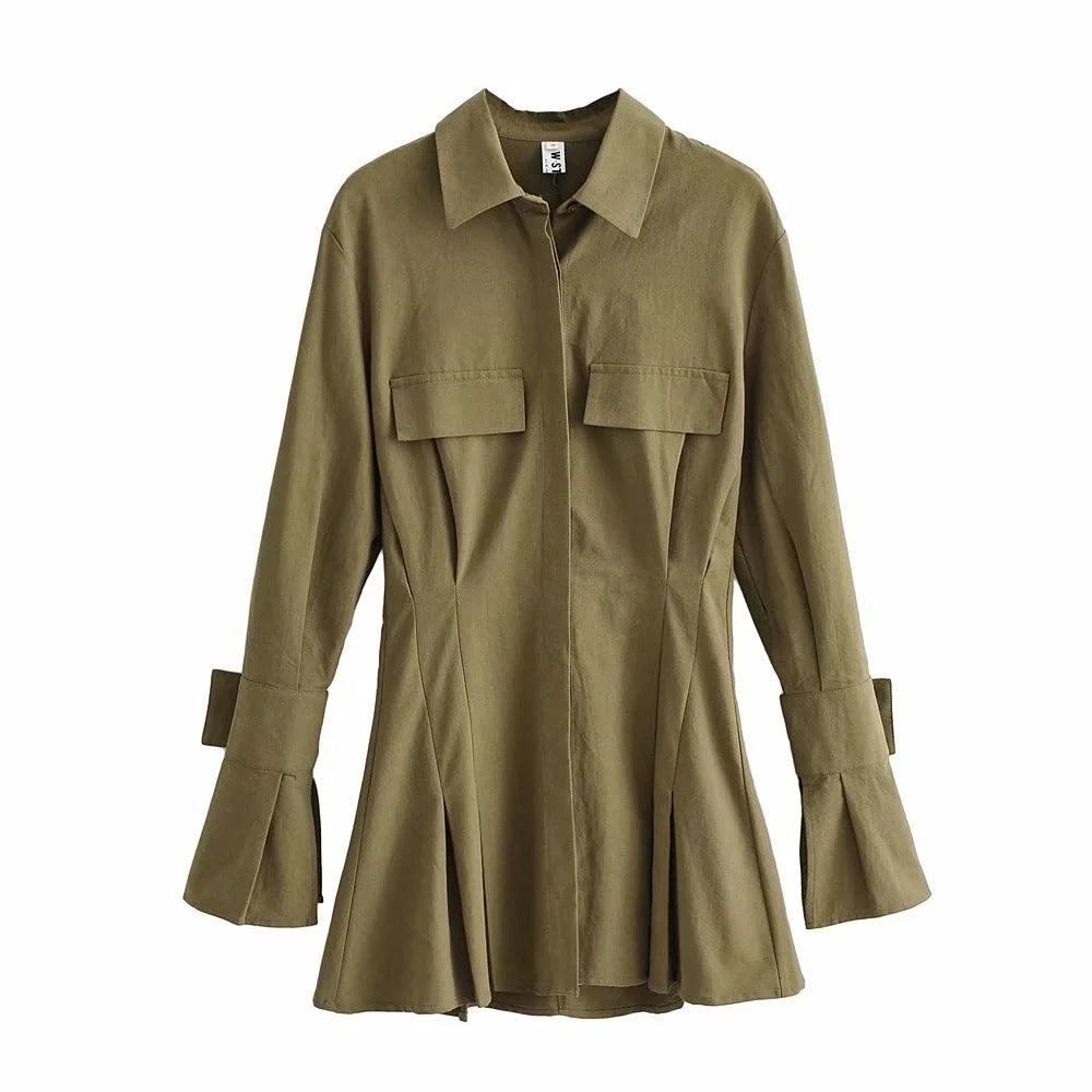 Pile Collar Single-breasted Shirred Frill Shirts Mini Dresses