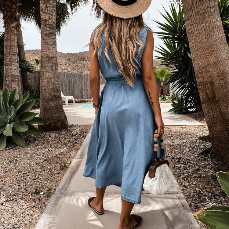 Single-breasted Lace-up Elastic Waist Jean Denim Midi Dress