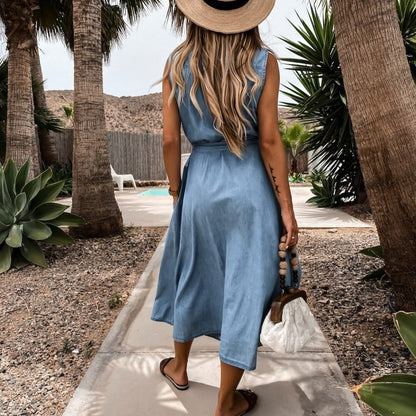 Single-breasted Lace-up Elastic Waist Jean Denim Midi Dress